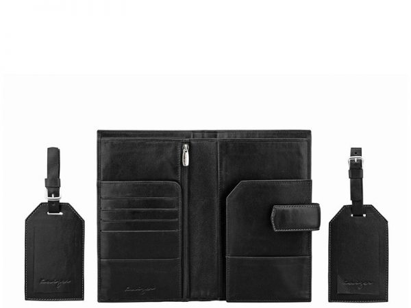 Travel Leather Wallet with 2 full grain leather luggage tags in black color