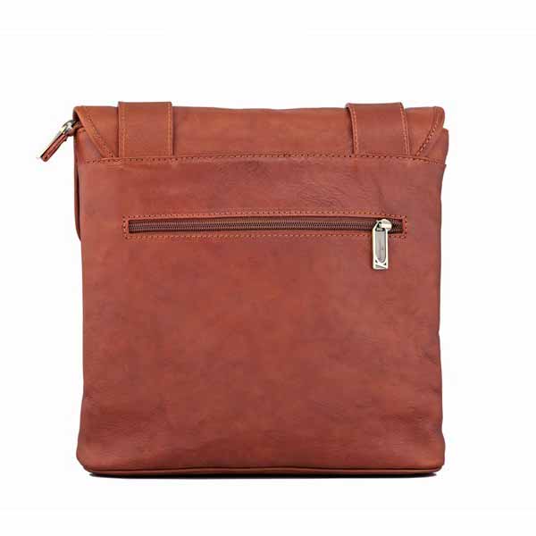 Hand-stitched leather backpack strap and brass hardware detail