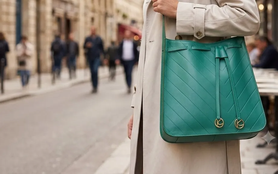 Confident professional in business attire carrying elegant leather bag through modern Dubai office building